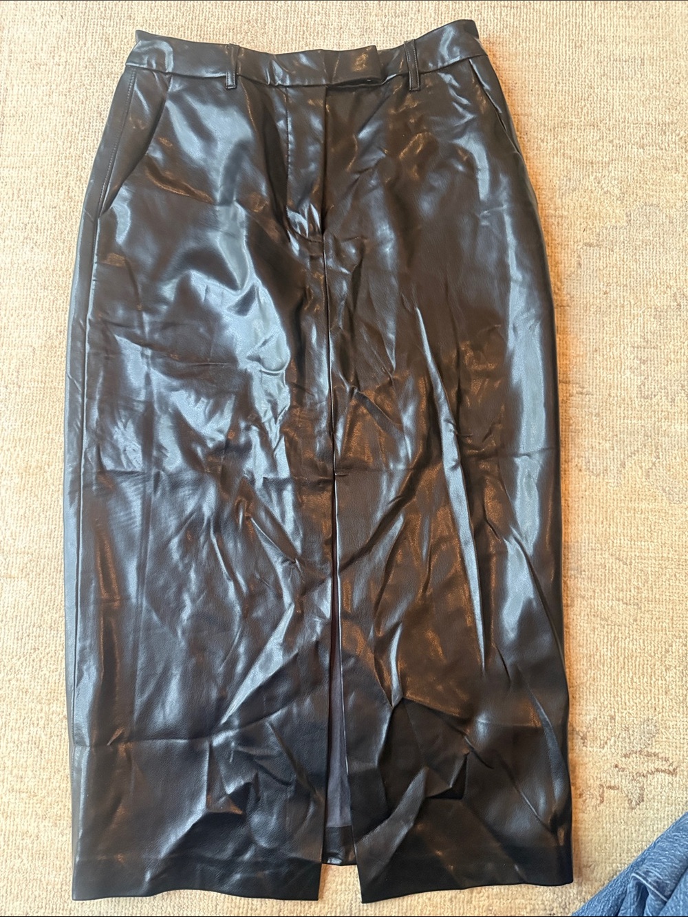 Dear John Black Faux Leather Midi Pencil Skirt with Front Slit